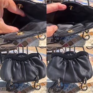 ADG Vintage Black Satin & Beaded Scalloped Evening Bag Clutch